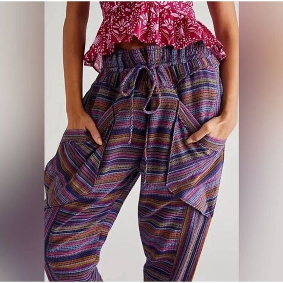Free People Sweet Escape pants in purple blue combo stripe size S NWT - Picture 2 of 10